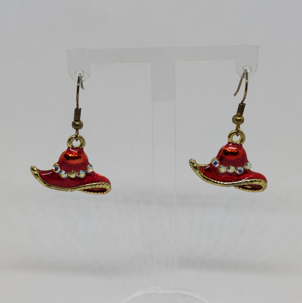 Vintage Red Hat Dangle Earrings Rhinestone Accents Gold Tone